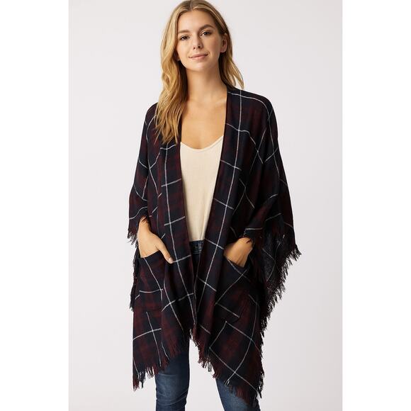 torrid Sweaters - Torrid One Size Maroon Navy Blue Plaid Fringe Duster Kimono Cardigan Pockets
